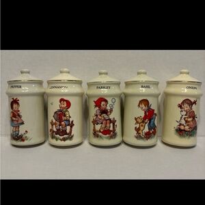 Vintage Spice Jar Set with Cute Illustrations.